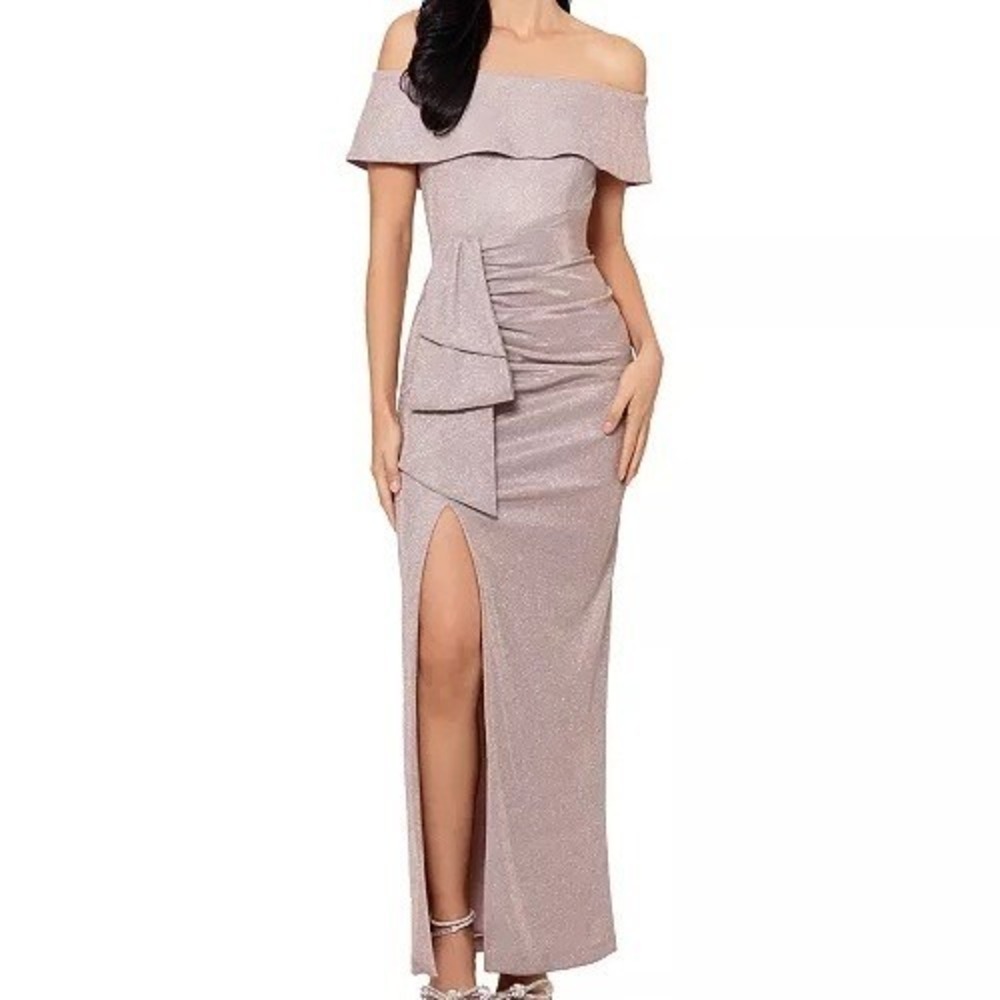 Xscape Off The Shoulder Draped Detail Leg Slit Glitter Gown Womens Size 16W
